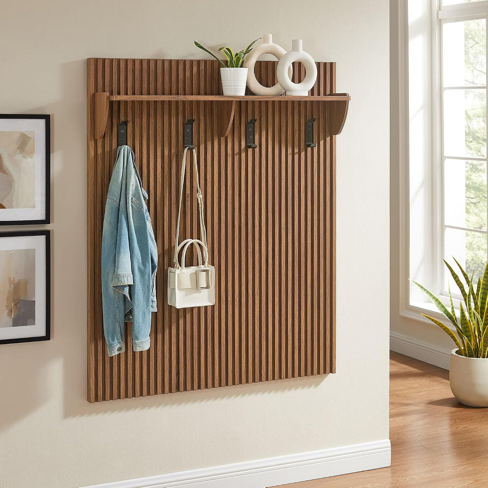 Modway Render Modern Fluted Wood Coat Rack Panel in Walnut with Shelf and Hoo...