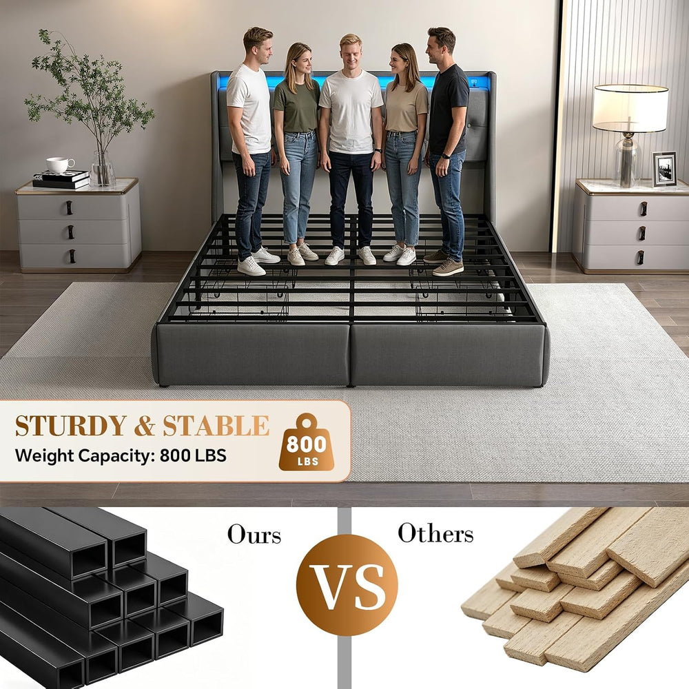 Upholstered Queen Size Bed Frame with 4 Storage Drawers and LED Lights