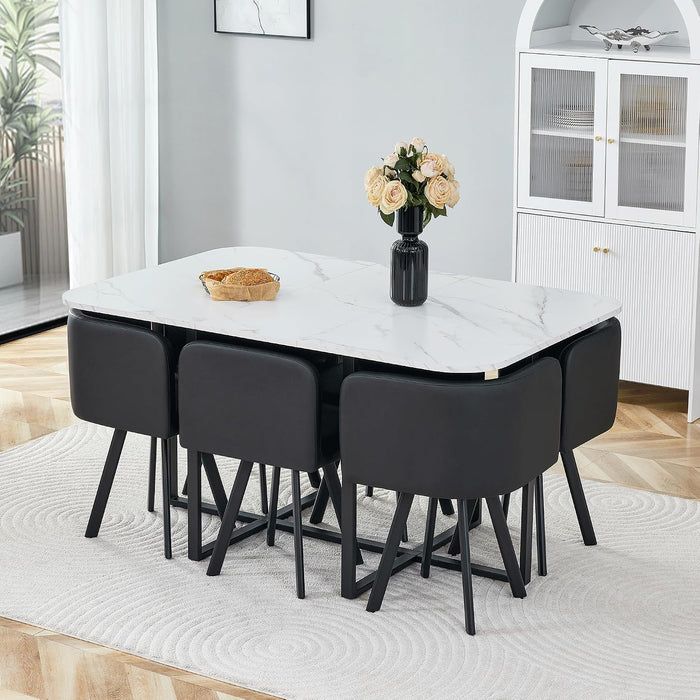 Merax 7-Piece Dining Set with Faux Marble Table, PU Upholstered Chairs, Space-Saving Kitchen Table for Dining Room/Breakfast Nook/Small Spaces, White+Black