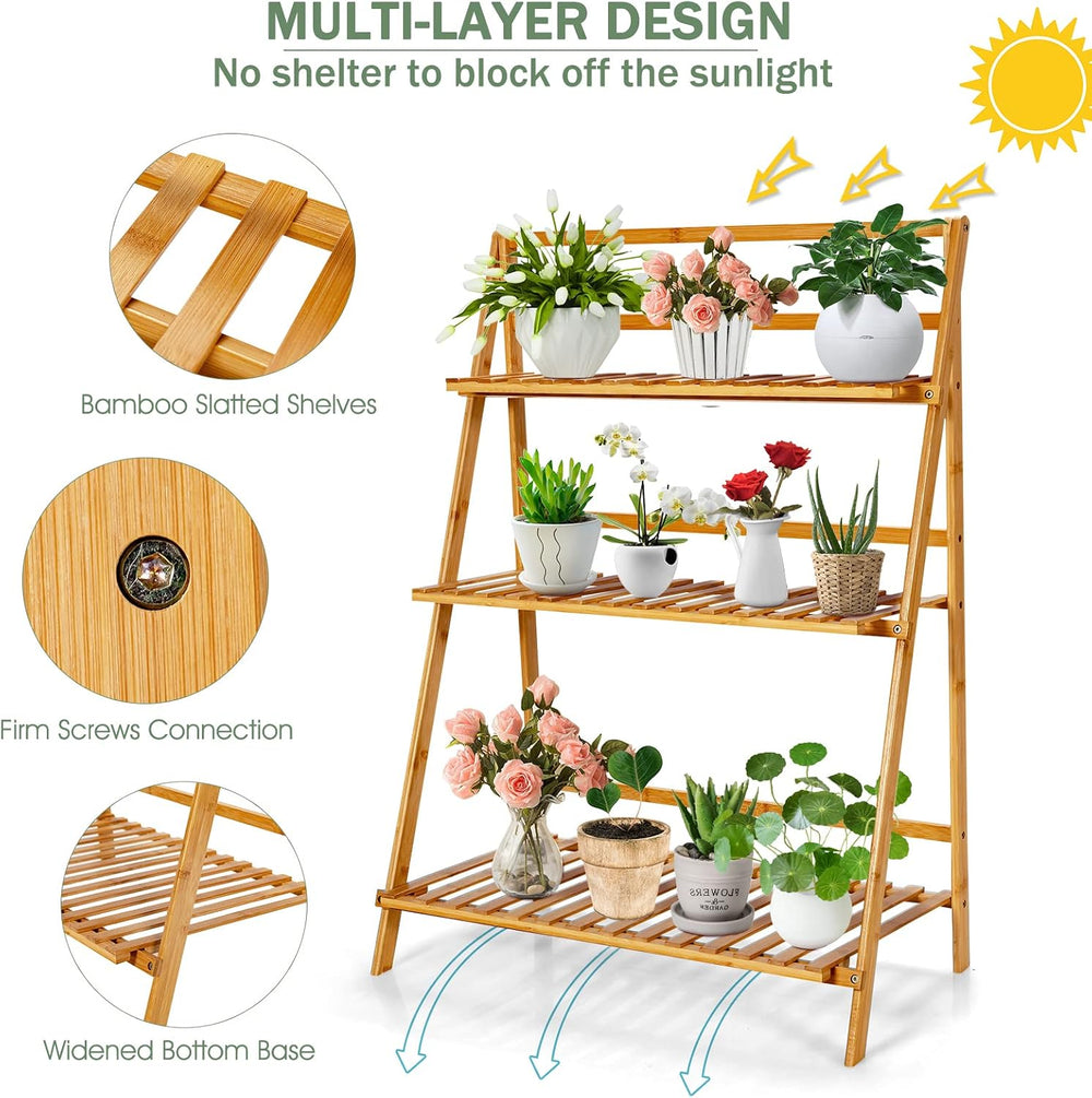 COSTWAY Bamboo Plant Stand, Foldable Multifunctional Flower Display Ladder Sh...