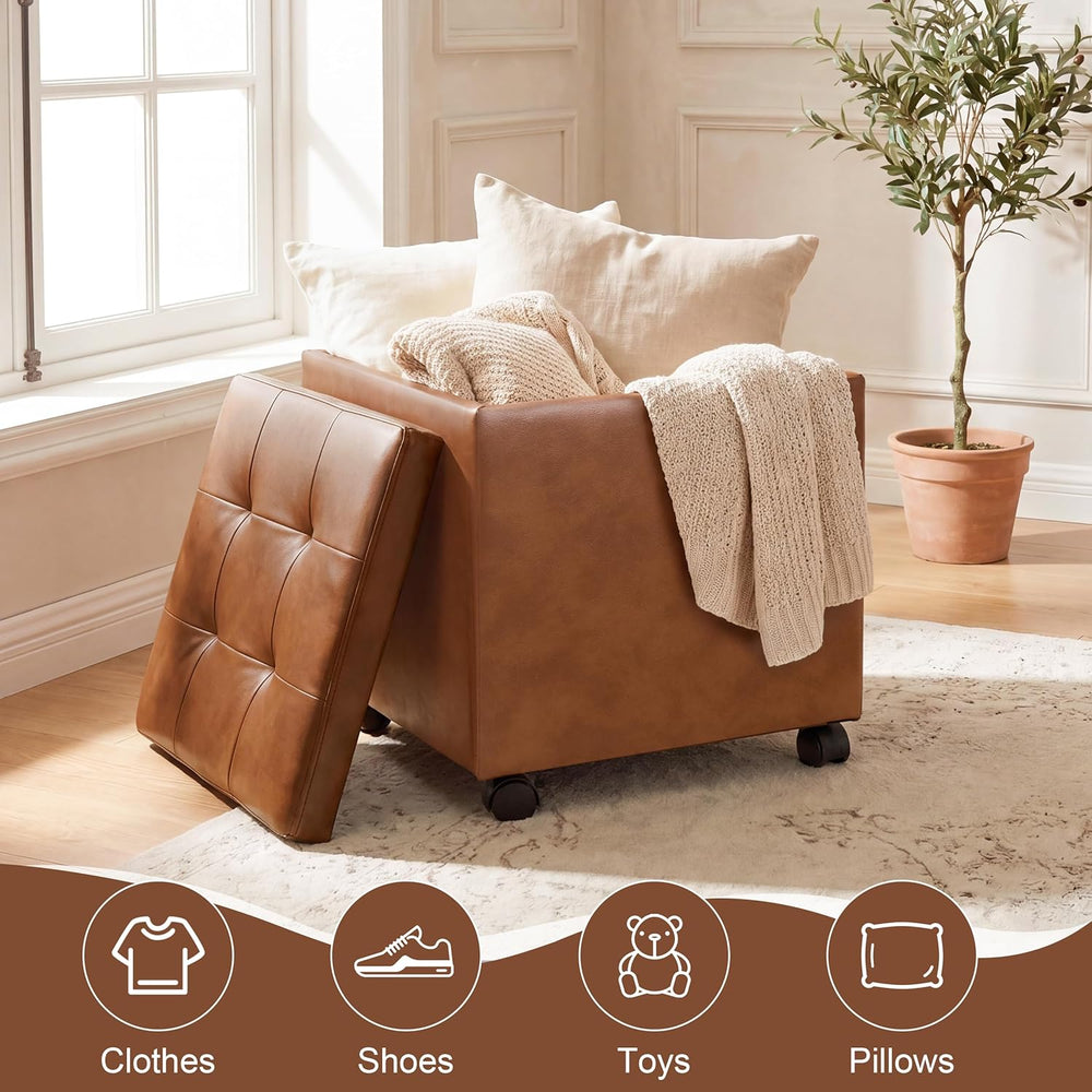 15 inch Square Storage Ottoman with Wheels and Tray Lid, Faux Leather Tufted ...