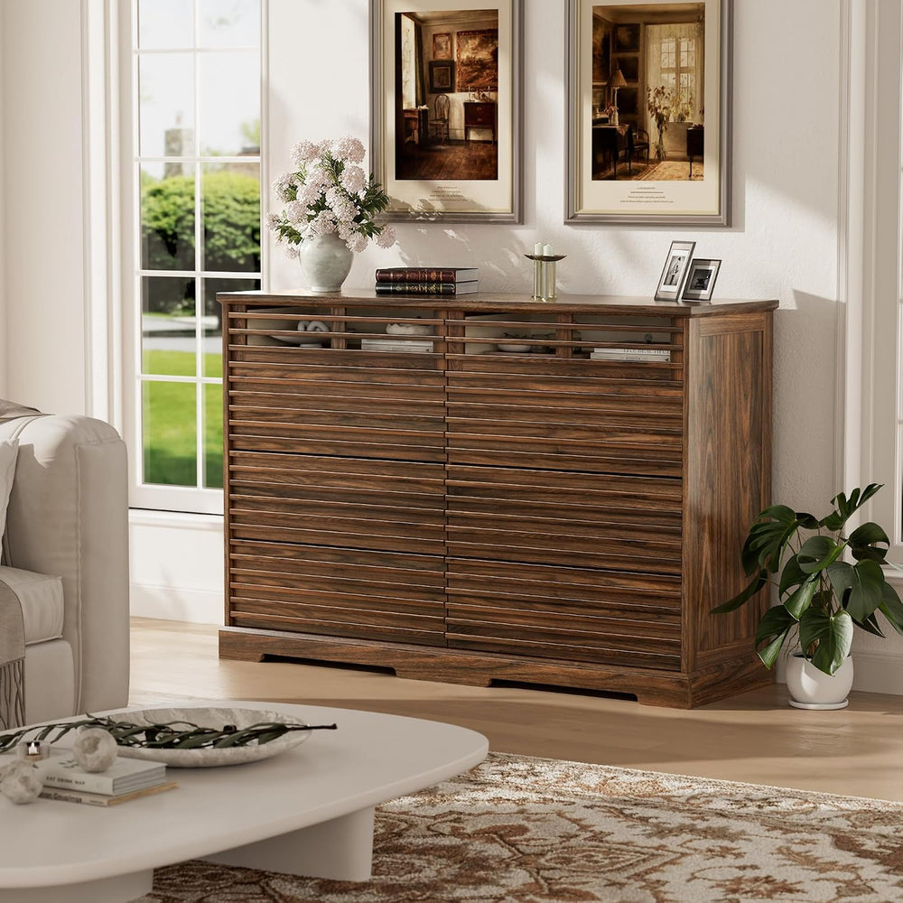 52"W Walnut 8 Drawer Dresser with LED Lights Fluted Dresser for Bedroom