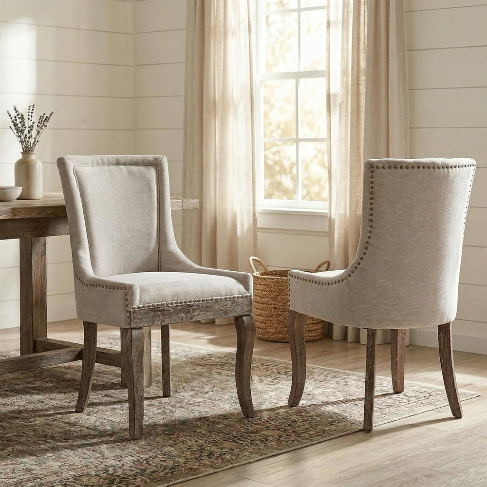 Upholstered Dining Chairs Set of 2, Beige Fabric Kitchen Chair with Nailhead ...