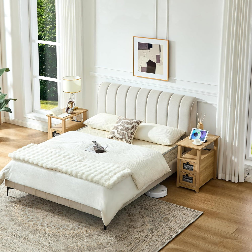 HDDDZSW Farmhouse XXL End Table with Charging Station, Narrow Side Table with...