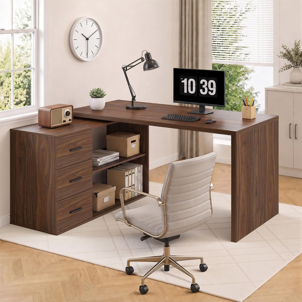 HSH Walnut L Shaped Desk Corner Desk with 3 Storage Drawers 55 inch