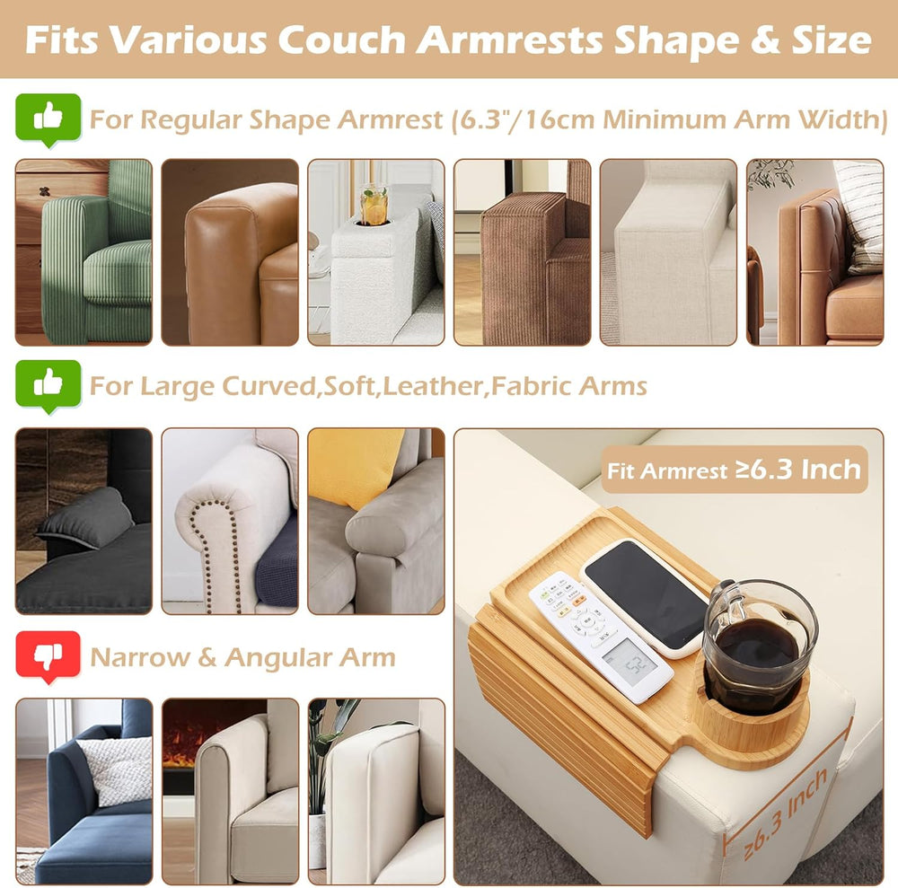 GHKINMAL Couch Cup Holder Tray, 3 in 1 Couch Arm Trays,Large Bamboo Chair Arm...