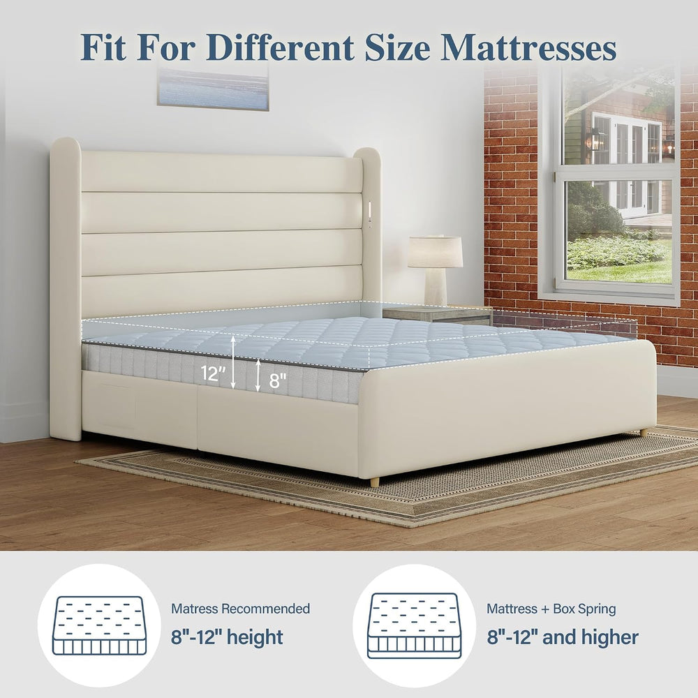 Queen Size Bed Frame with 59'' Tall Headboard with Readlight, White