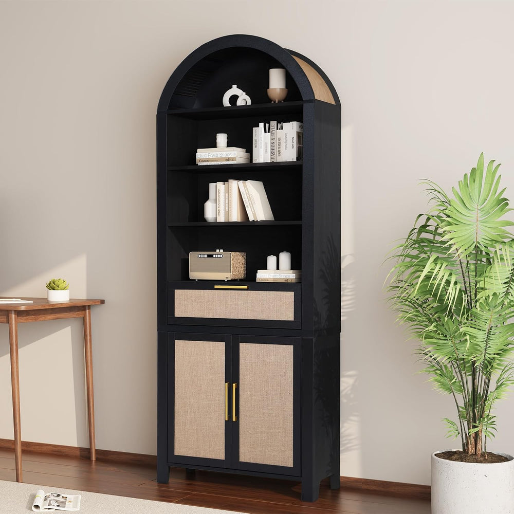 Janmer Home 79" Tall Arched Bookcase Cabinet with Doors, Black,Rattan