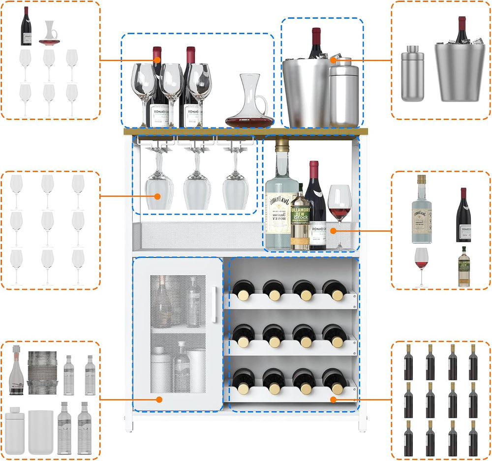 GAOMON Modern 36" White Wine Bar Cabinet with Mesh Door, Adjustable Glas...