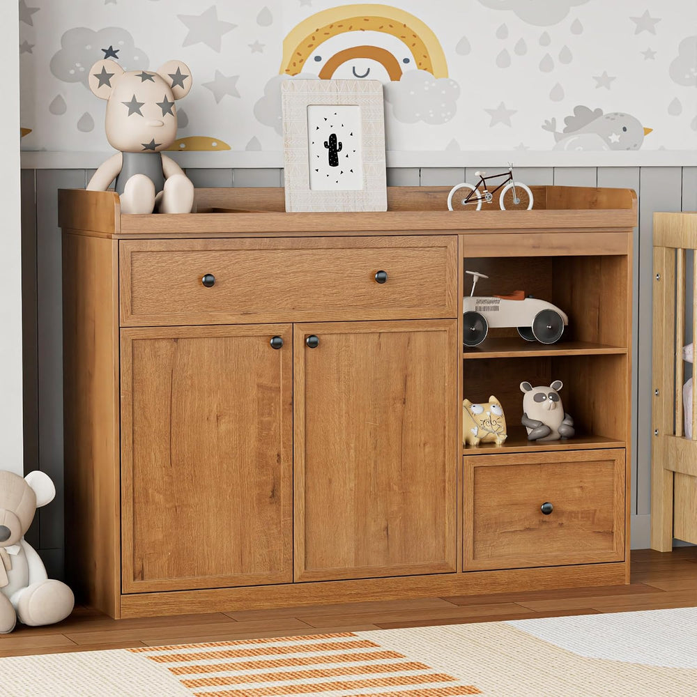 Wide Changing Table with 2 Doors, 2 Different Size Drawer&Storage Cubbies...
