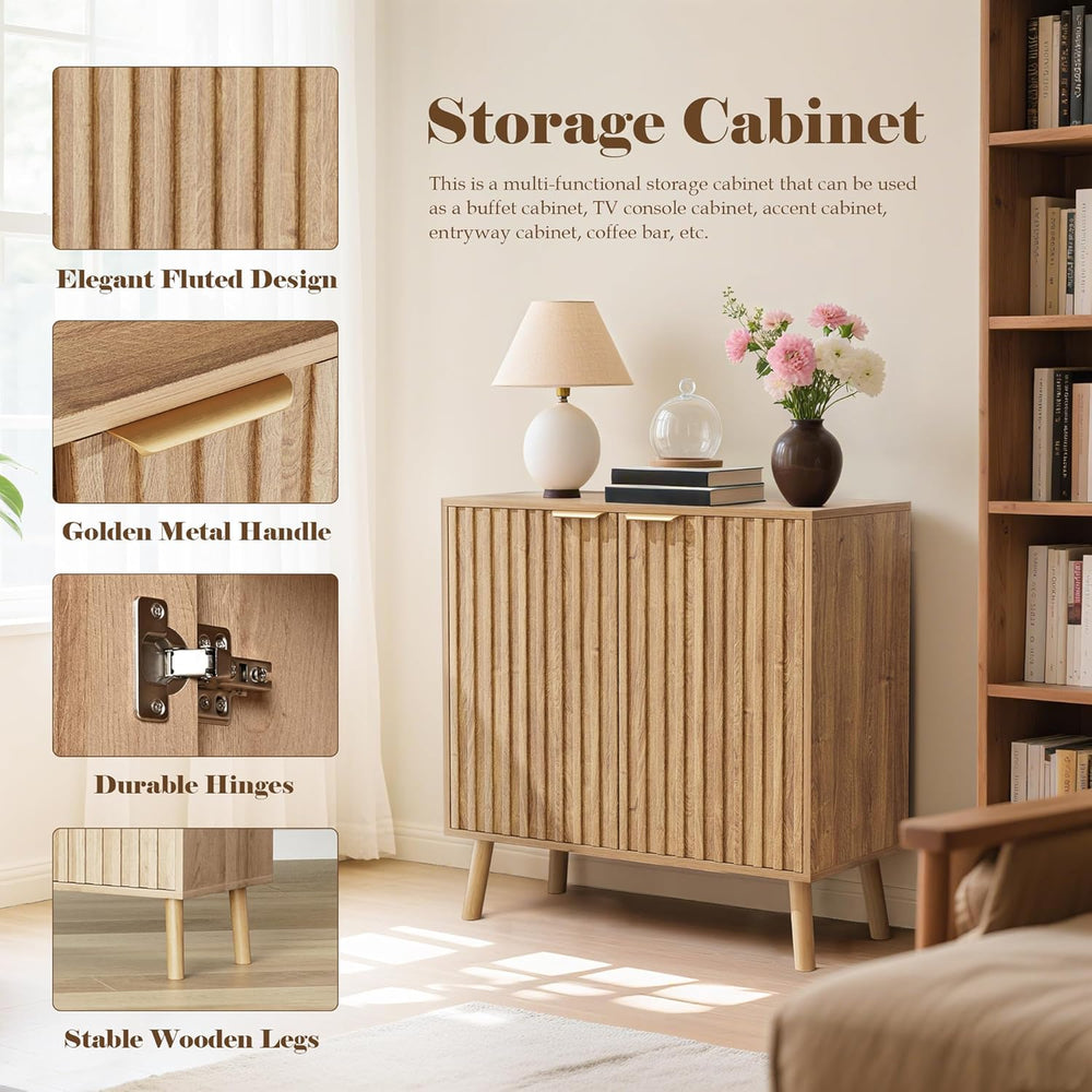 Fluted Buffet Cabinet, Free Standing Sideboard with Storage, Wood Accent Cabi...
