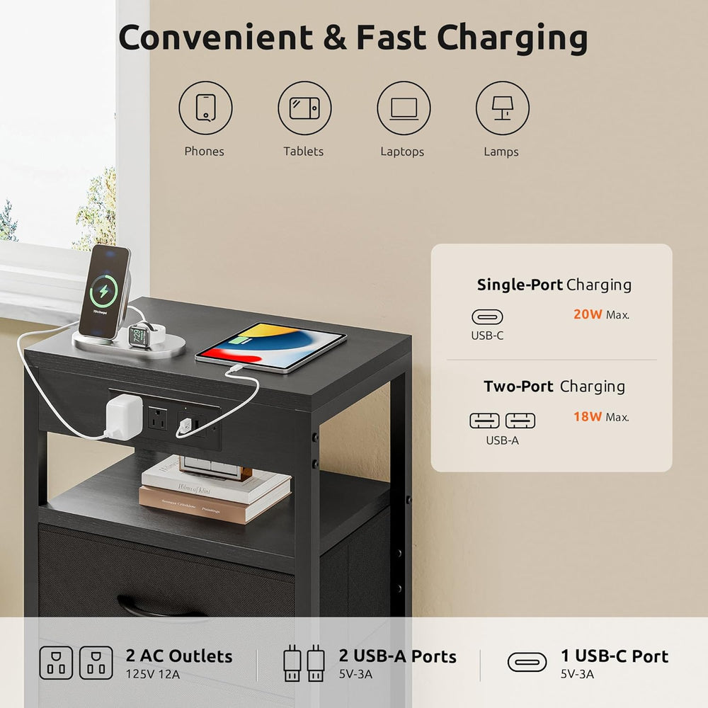 Lazzanto Night Stand with Charger Station for Bedroom, Black Nightstand | Bed...