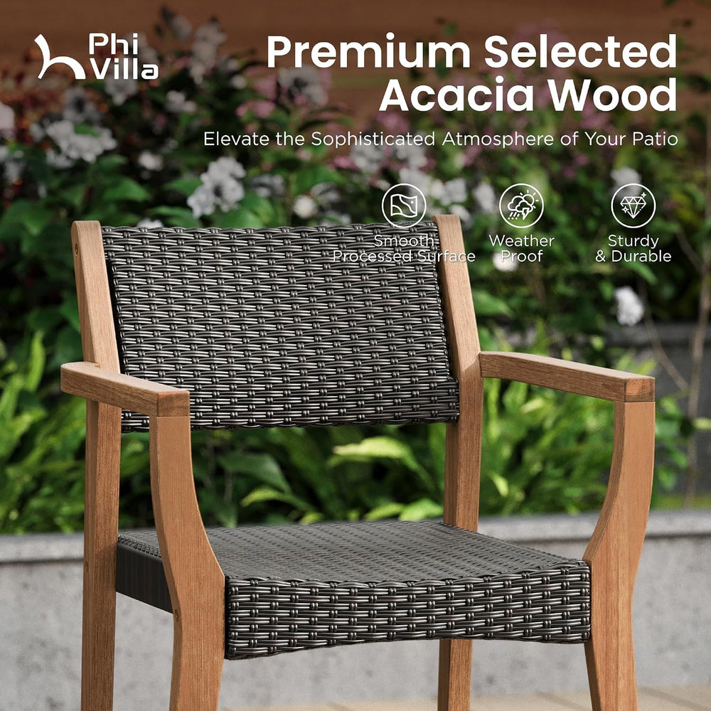 PHI VILLA Patio Acacia Wood Dining Chairs w/Wicker Seat & Back, 2 PCS