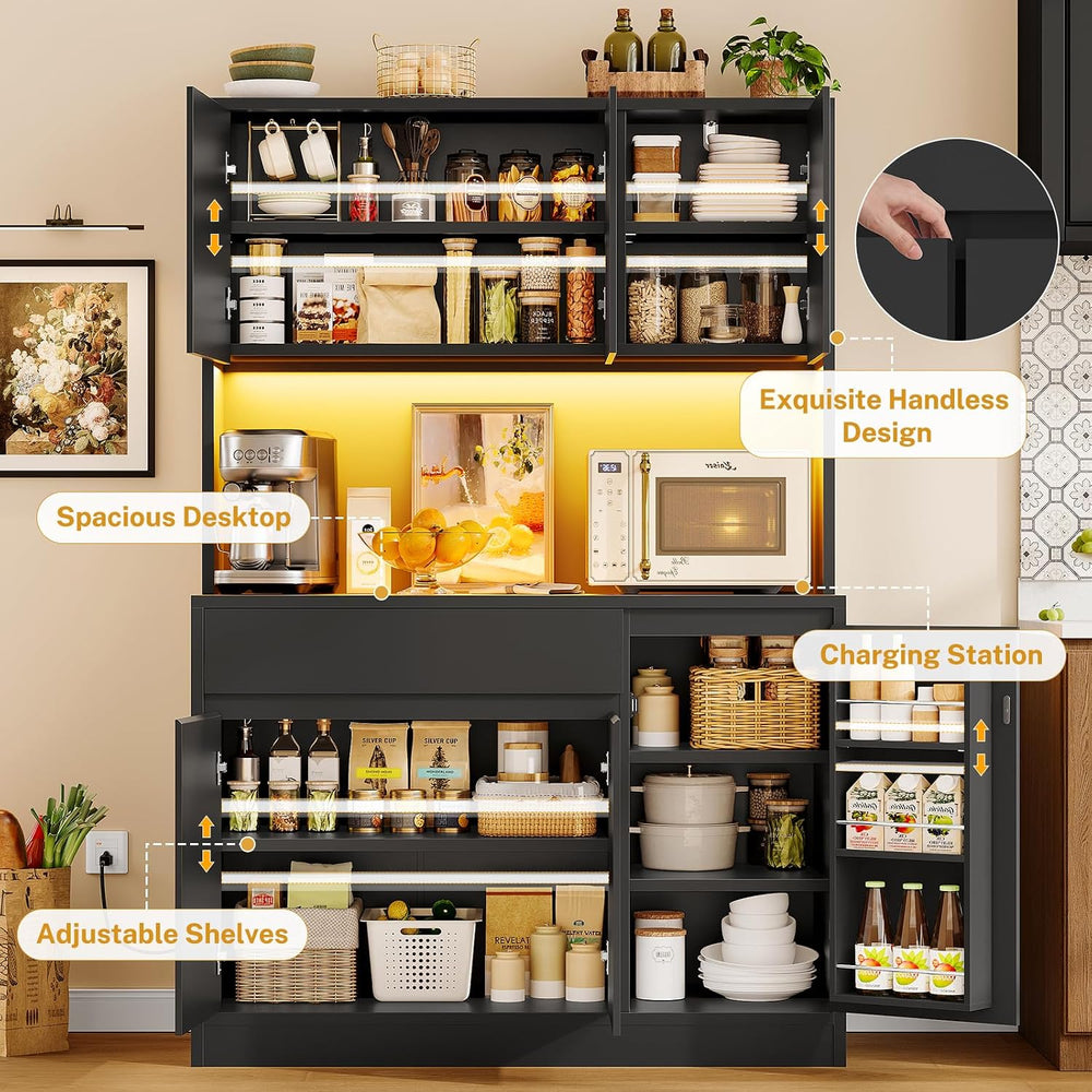 TEENFON Pantry Cabinet with Charging Station and LED Light, Kitchen Pantry Ca...