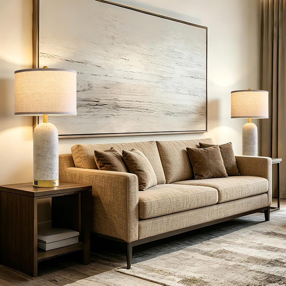 RORIA 25" Set of 2 Touch Rustic Table Lamps for Living Room and USB A+C