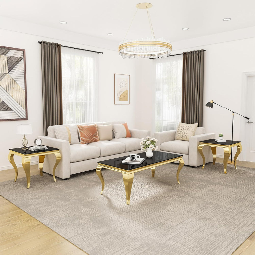 Glass Coffee Table Set of 3, Modern 3 Piece Living Room Set Include 1 Coffee ...