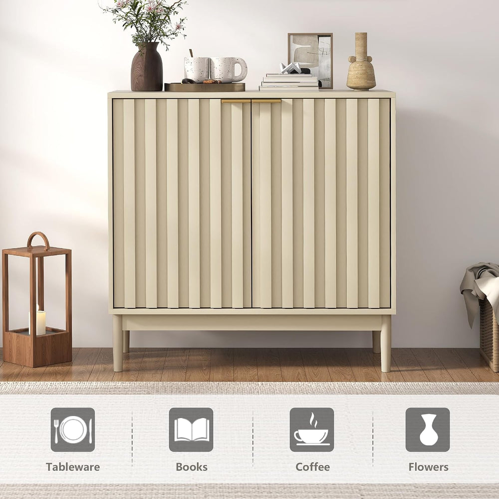 Fluted Buffet Cabinet with Storage, Small Accent Cabinets, Beige