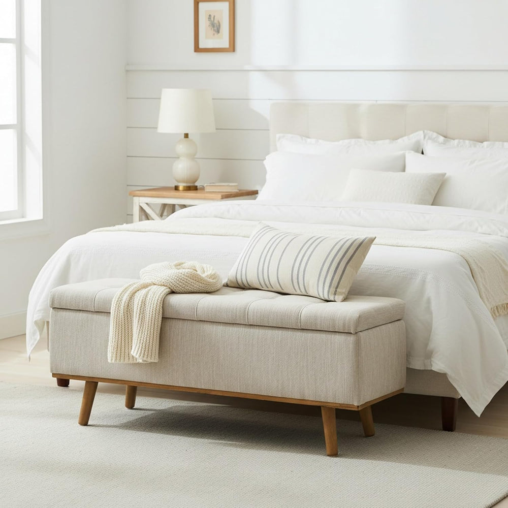 Storage Ottoman Bench, 45" End of Bed Bench, Beige | Hidden Storage Spac...