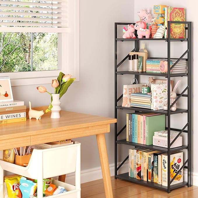 JSB No Assembly Folding Bookshelf, 5 Tier Industrial Metal Book Shelf for Sto...