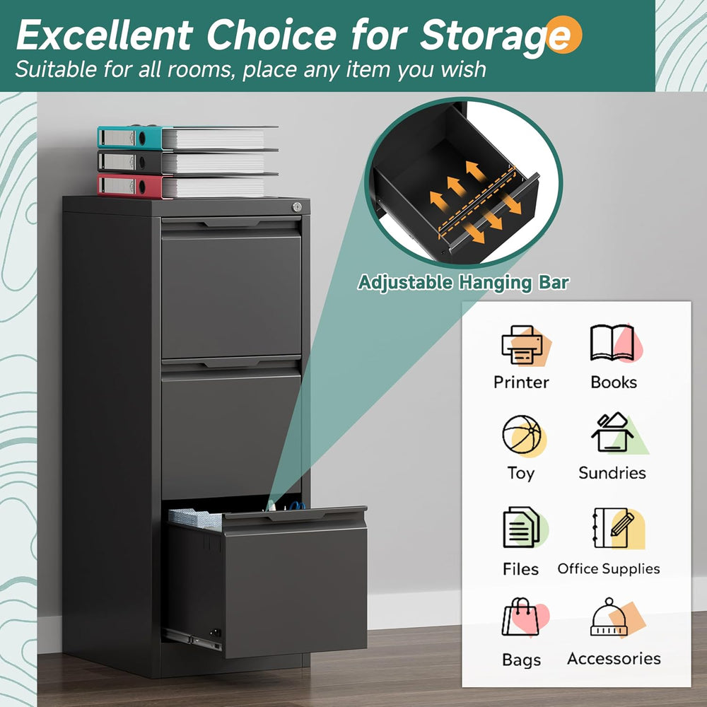 3 Drawer Metal Vertical File Cabinet with Lock for Home Office | 17.8"D ...