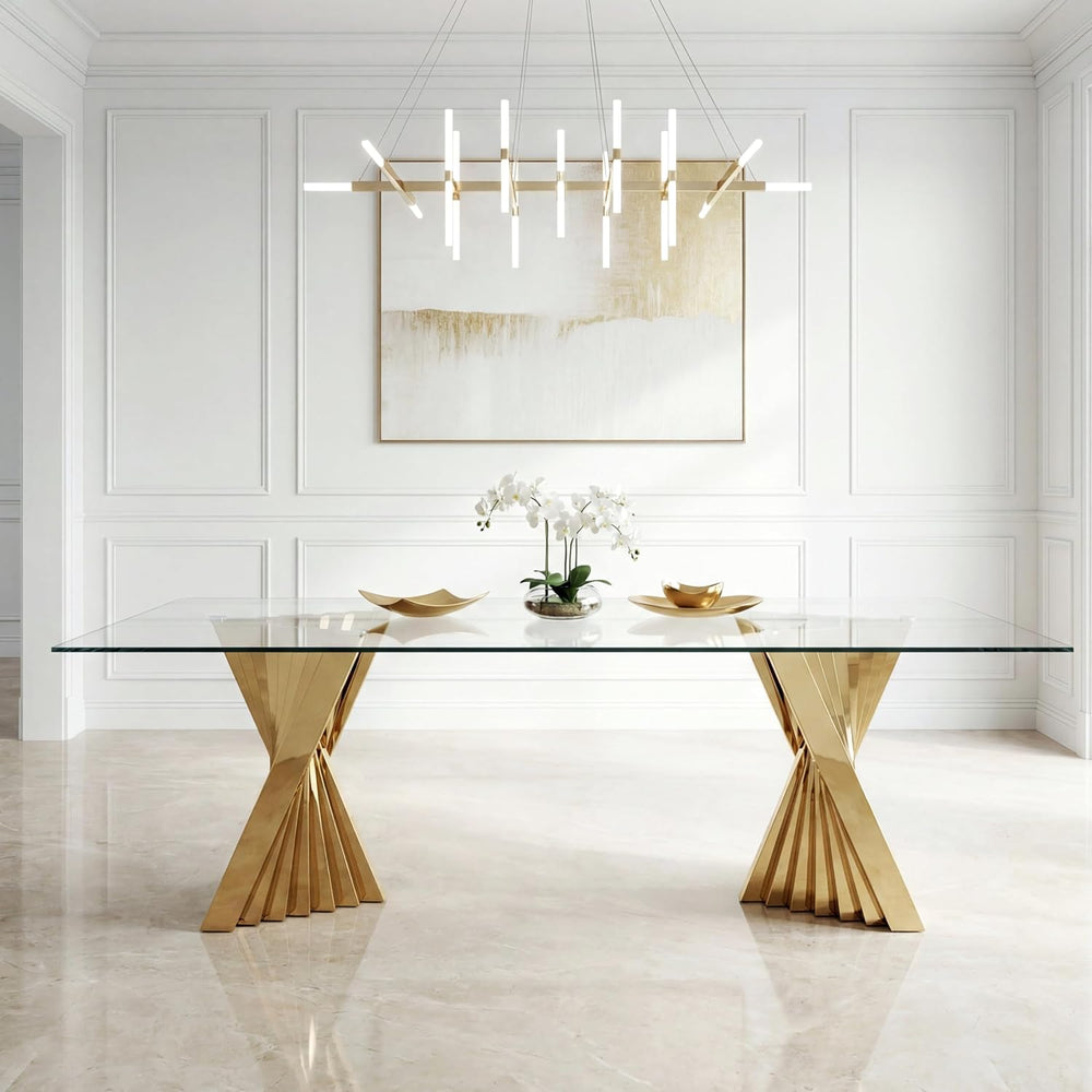 94" Modern Glass Gold Dining Table for 8-10, Luxury Kitchen Table with T...