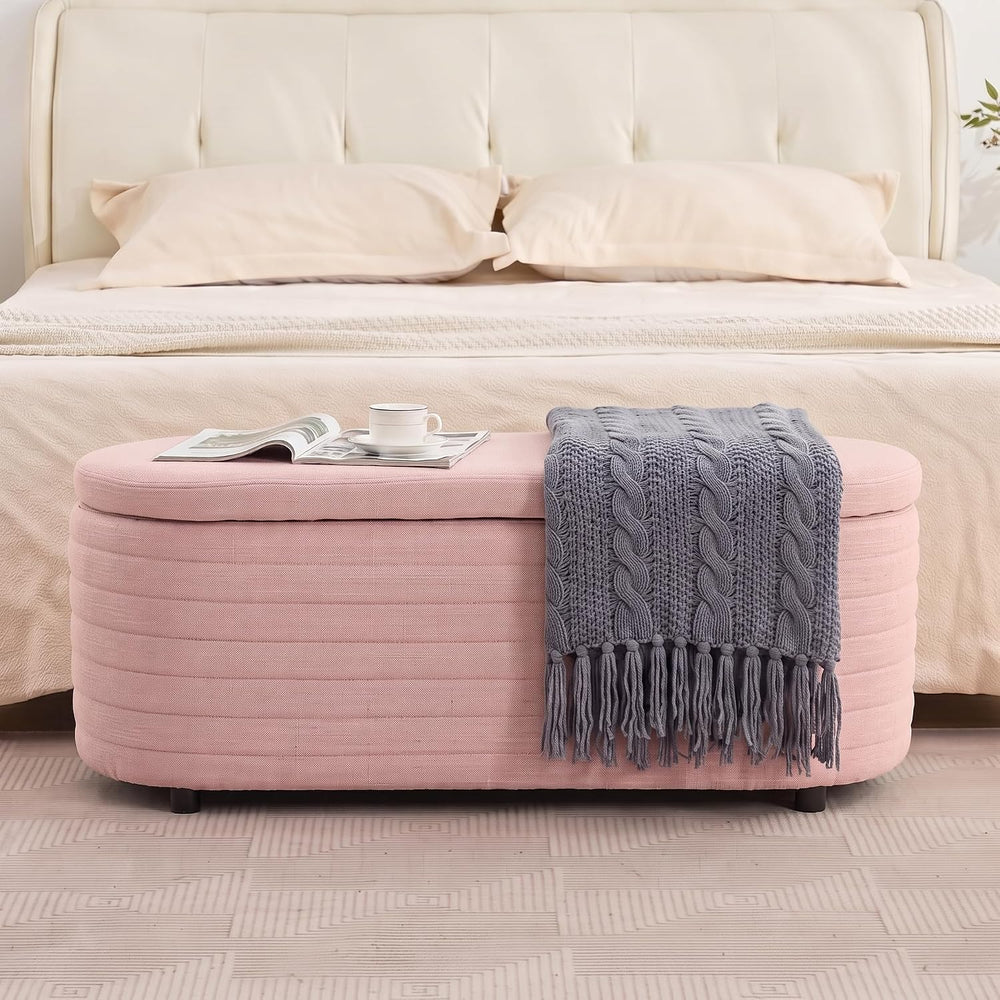 45.5" Modern Storage Ottoman Bench, Pink | Boucle Bench, Linen Fabric, S...