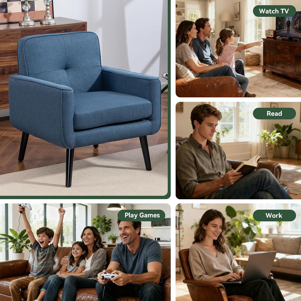 Mid Century Modern Accent Chair, Fabric Reading Armchair, Blue | 300LBS Capac...