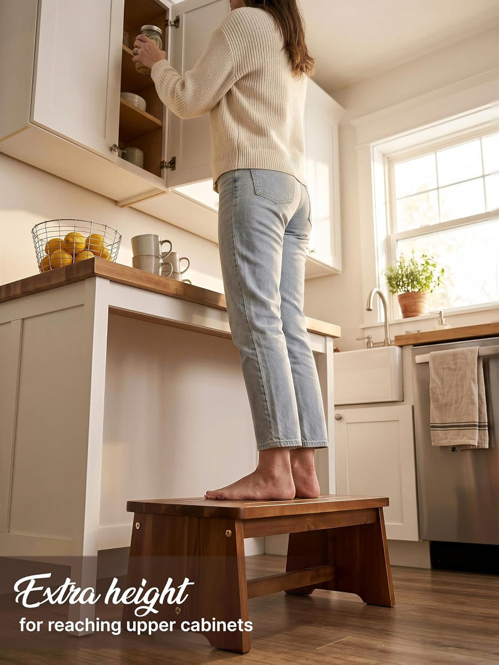 TINAMO 24" Extra Wide Wooden Step Stool with Crossbar, Holds up to 300 LBS