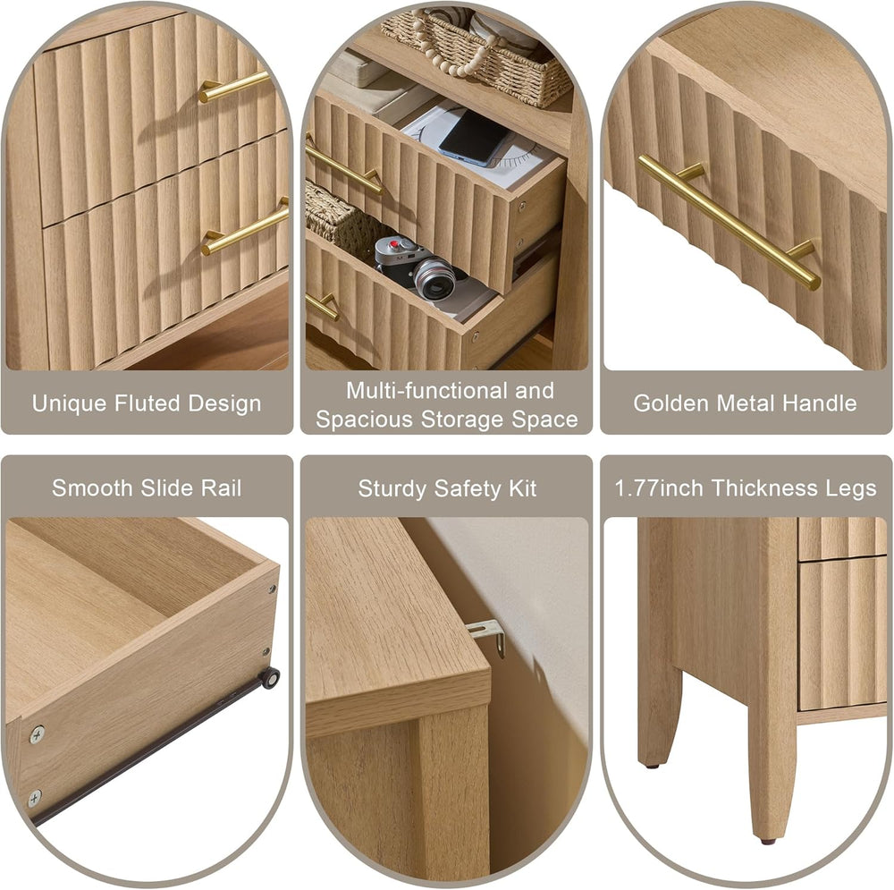 Fluted Nightstand with 2 Drawers, 27" Modern Nightstands Set of 2 with S...