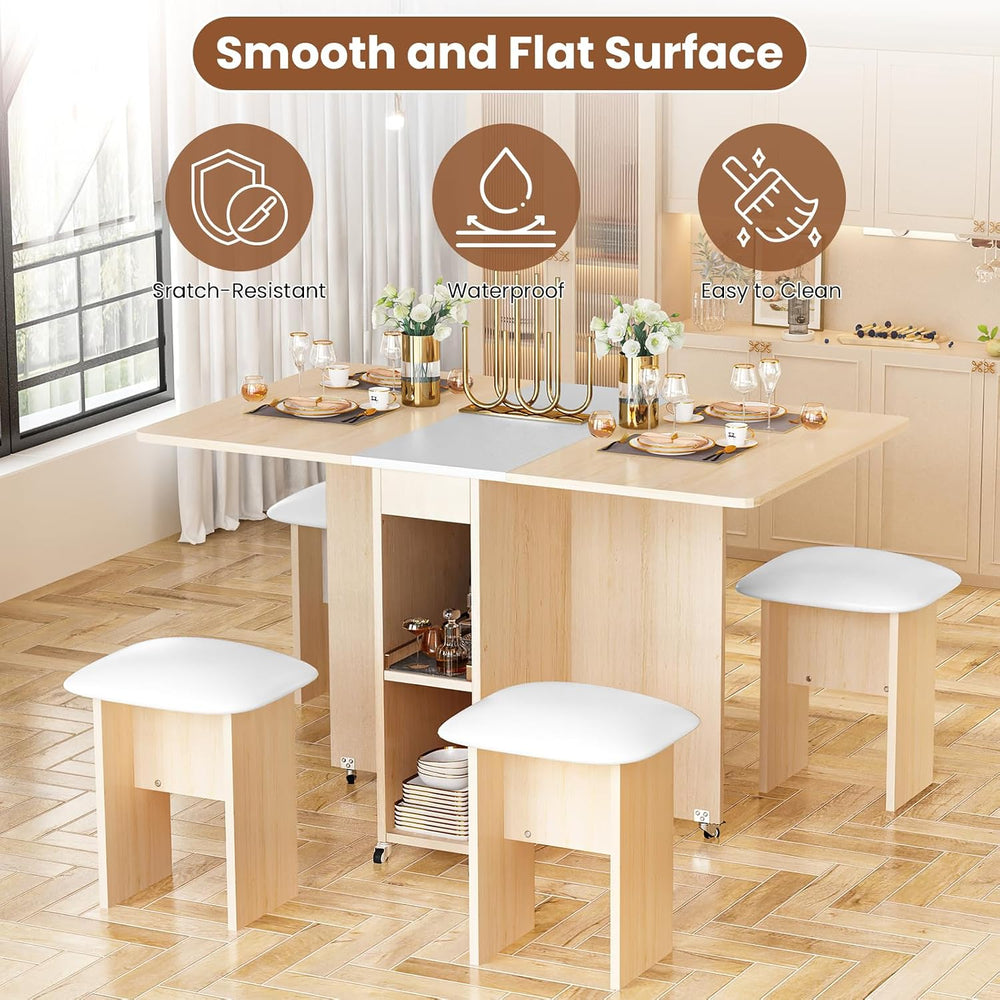 AWQM Folding Dining Table Set, Storage Folding Table & Chair, Beige White...