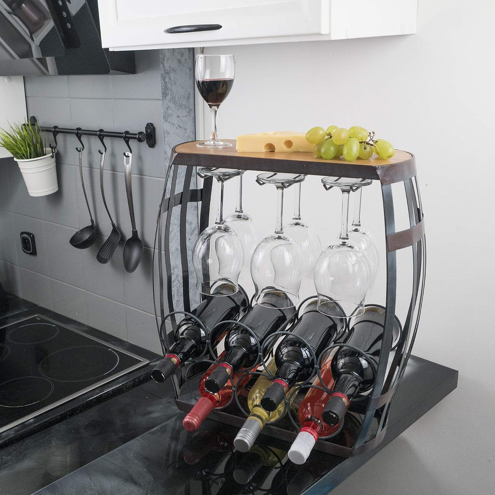 Made Easy Kit Wine Bottle and Glass Holder Rack, Metal and Wood Freestanding ...