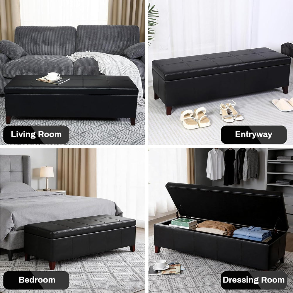 51 Inch Storage Ottoman Bench, Faux Leather Foot Rest with Hinged Lid, Long R...
