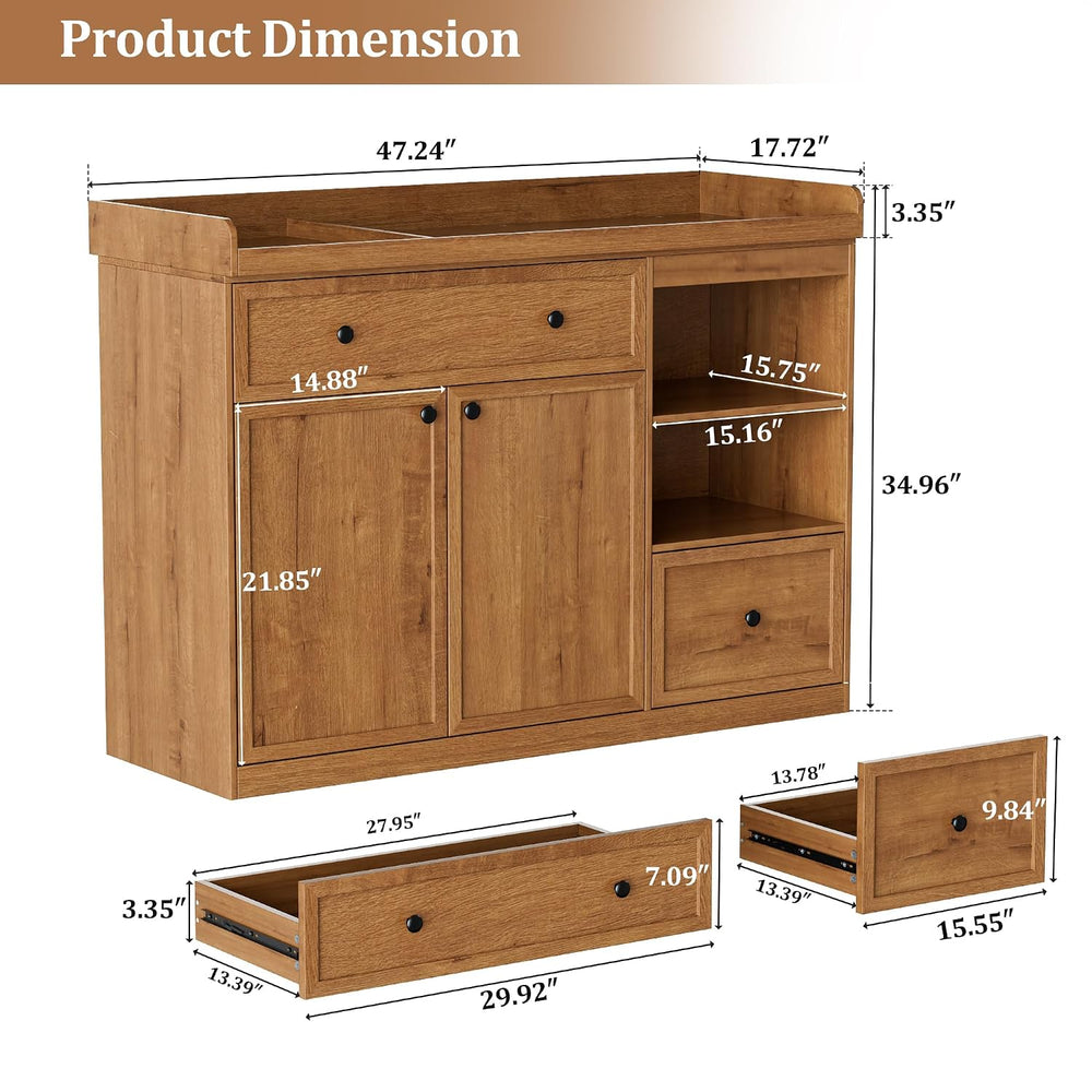 Wide Changing Table with 2 Doors, 2 Different Size Drawer&Storage Cubbies...