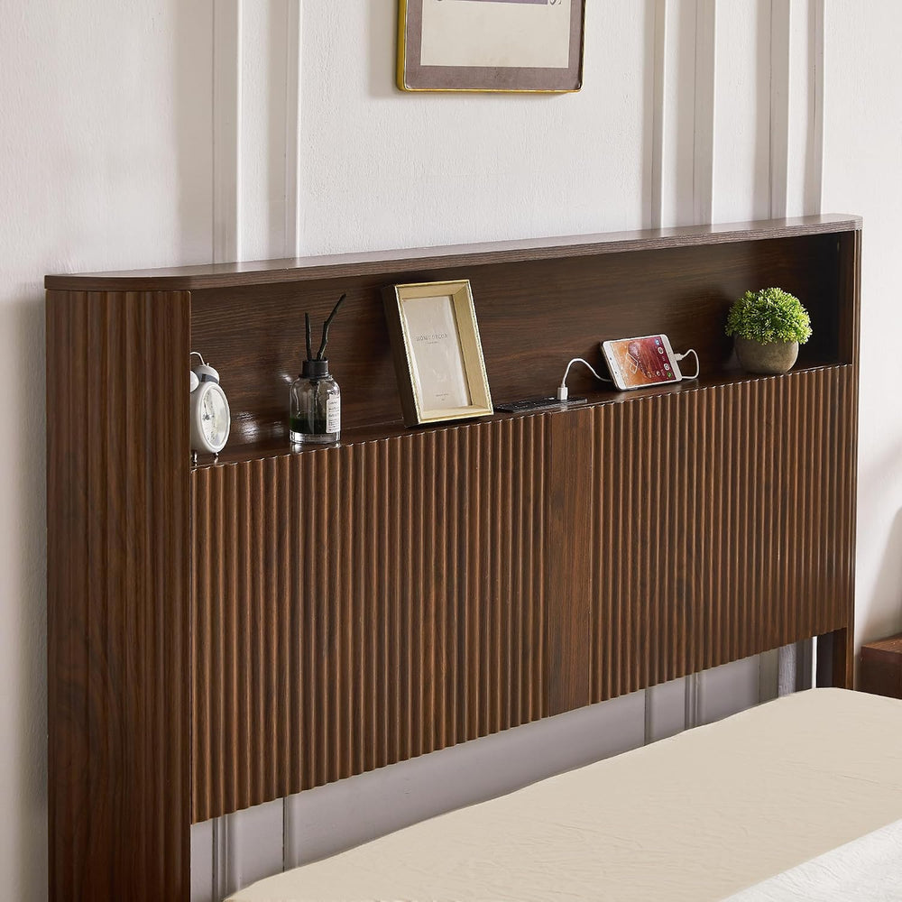 Peanu Queen Bed Frame, Wave Headboard, Charging Station Walnut