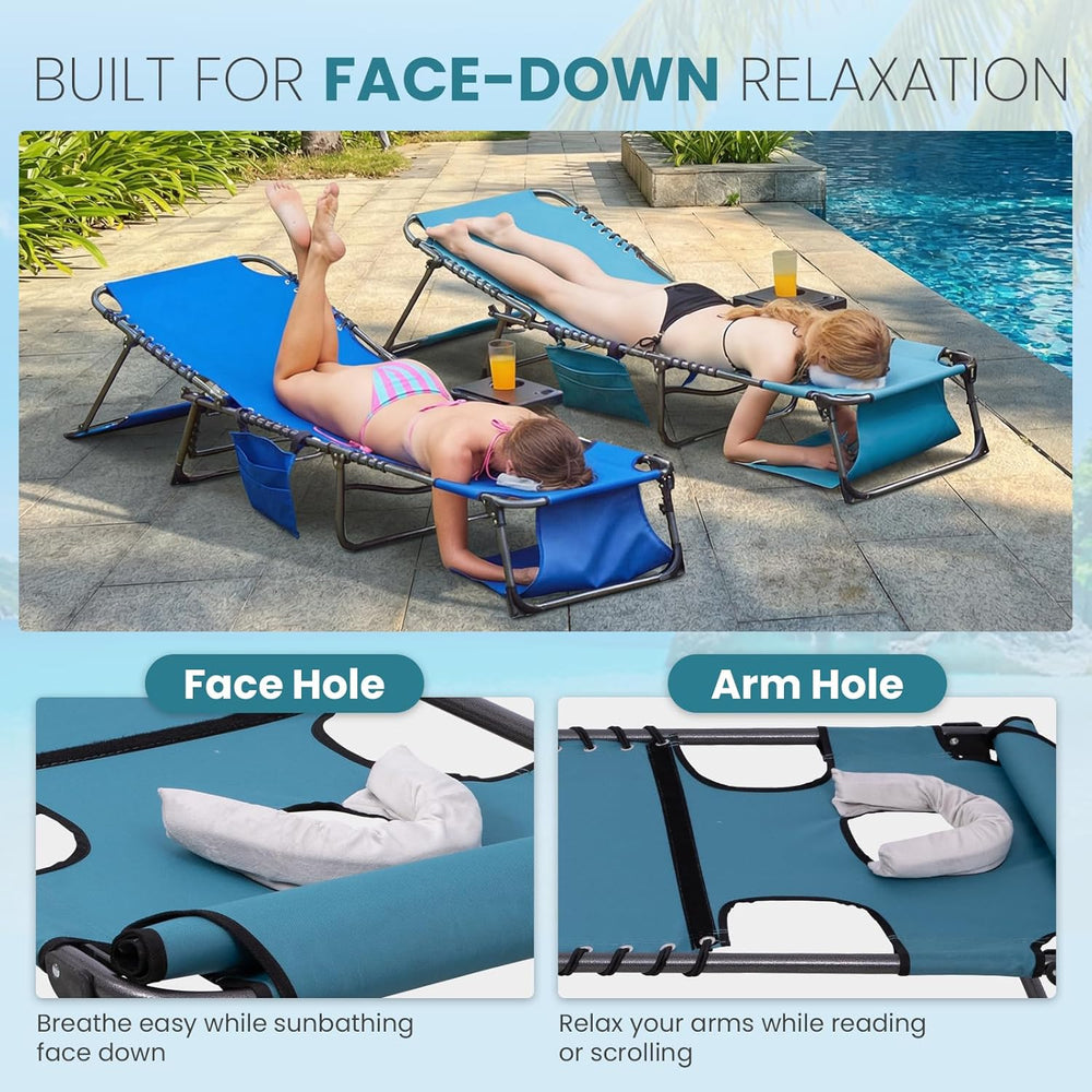 FUNDANGO Heavy Duty Tanning Chair with Face Hole & Canopy, 400lbs Beach L...