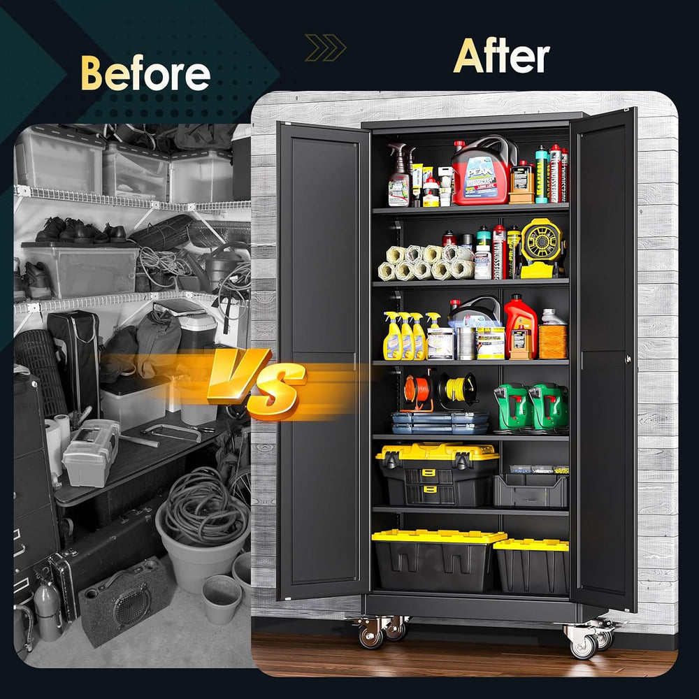PAOFIN 75''H Metal Garage Storage Cabinet with Wheels,Steel File Cabi...