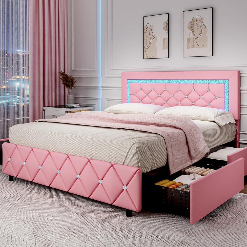 BarnFurin Full Size Bed Frame with LED Headboard and Storage Drawers,Pink
