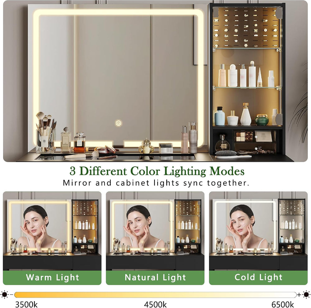 wanan Vanity with Glass Top, Black Vanity Desk with Mirror and Lights, Jewelr...