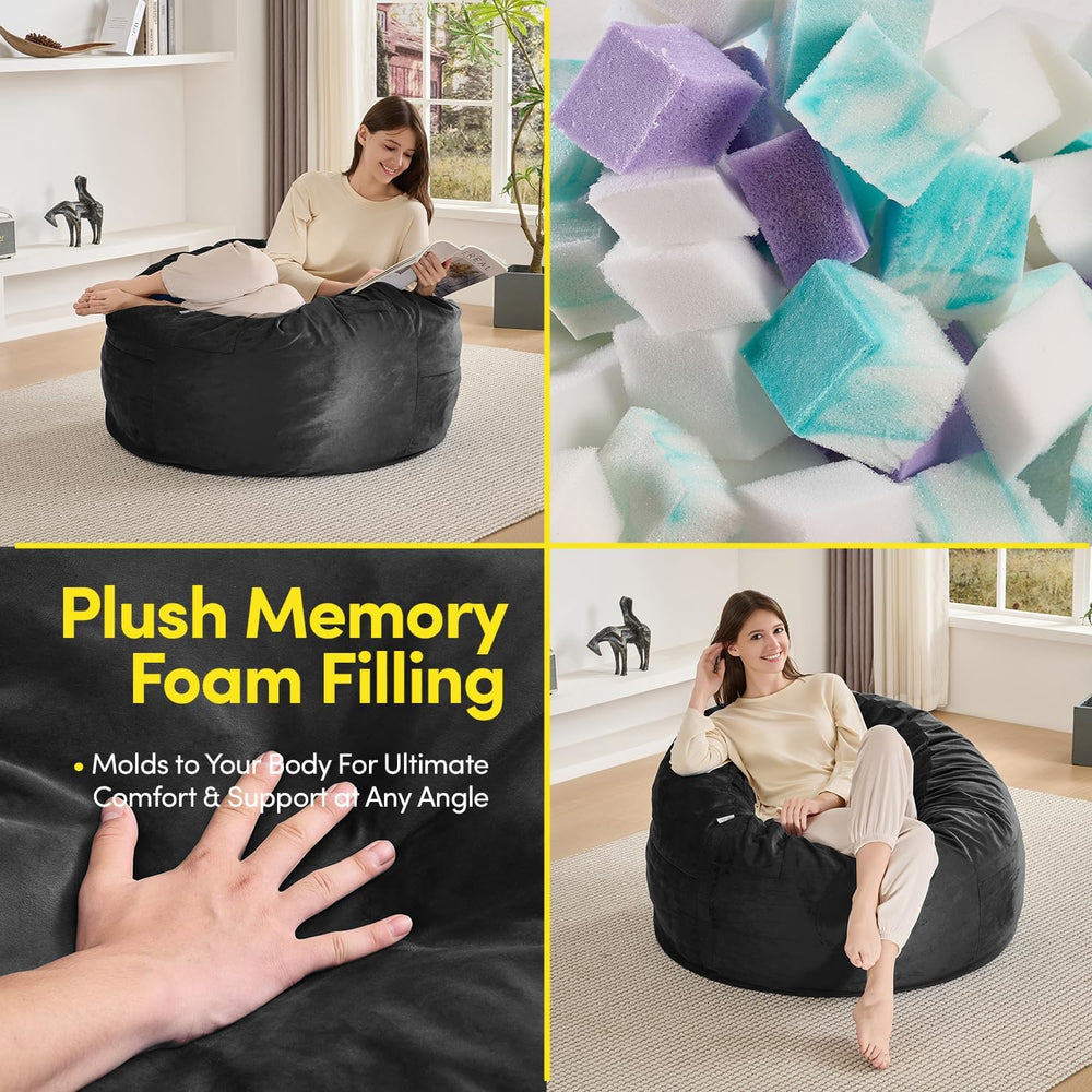Bean Bag Chair 3ft Memory Foam Sack with Removable Velvet Cover, Ultra Soft F...
