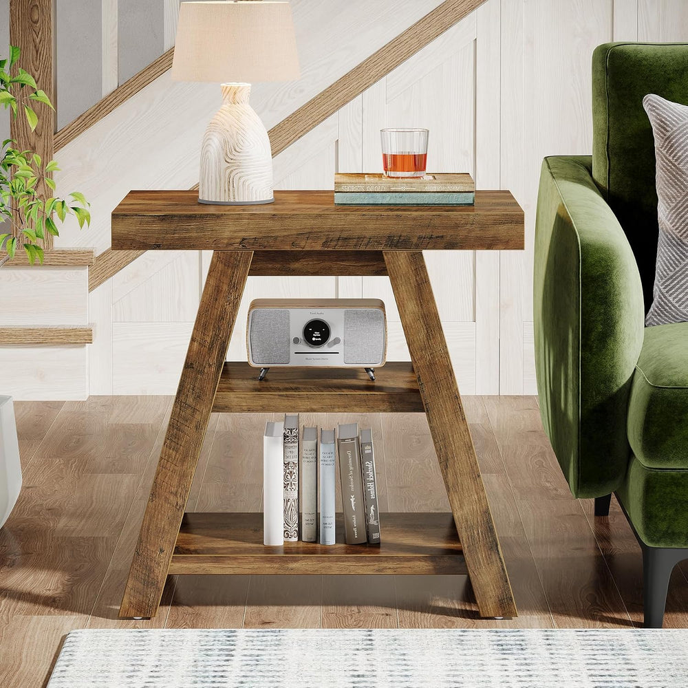 Tribesigns Farmhouse End Table, 3-Tier Wooden Sofa Side Table with Trapezoid ...
