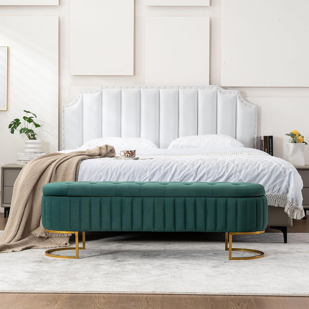 Velvet Storage Bench for Bedroom, Modern Tufted End of Bed Bench for King Siz...