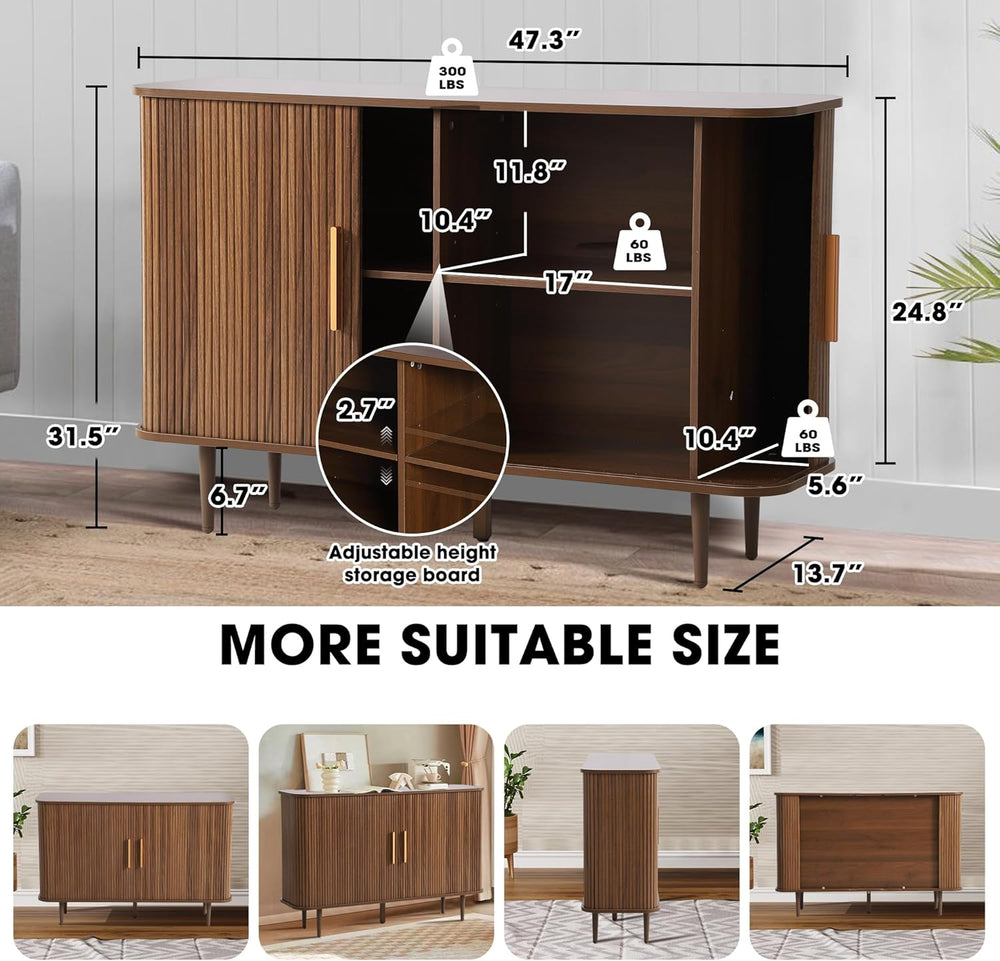 Grepatio 47" Sideboard Buffet Cabinet with Fluted Slide Doors, Tambour S...
