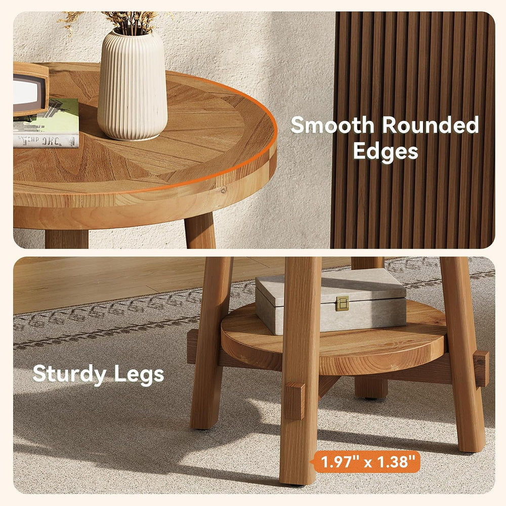 Solid Wood Side Table for Living Room, Small Round End Table with 2-Tier Stor...