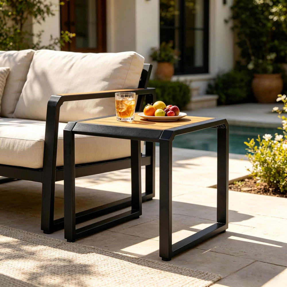Outdoor Side Table with Teak Wood Top, Metal Frame Patio Accent Table, 120 lb...