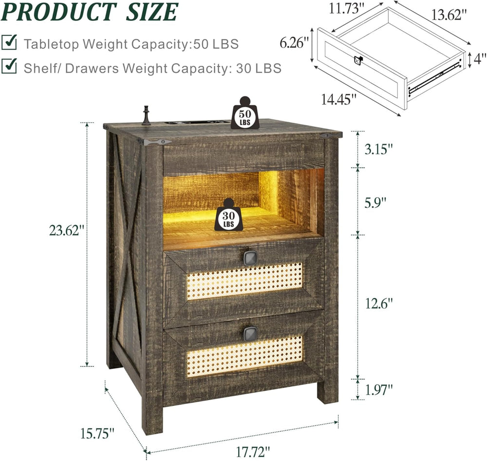 Farmhouse Night Stand with Gun Drawer, Bedside Table with Charger Station, LE...