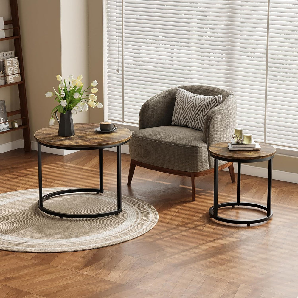 Smuxee Nesting Coffee Table Set of 2, 23.6" Round Coffee Table Rustic Wo...
