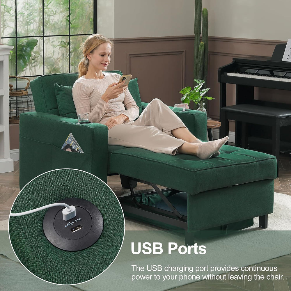 36" 3-in-1 Sleeper Chair, Convertible Pull Out Sofa Bed, Green Linen