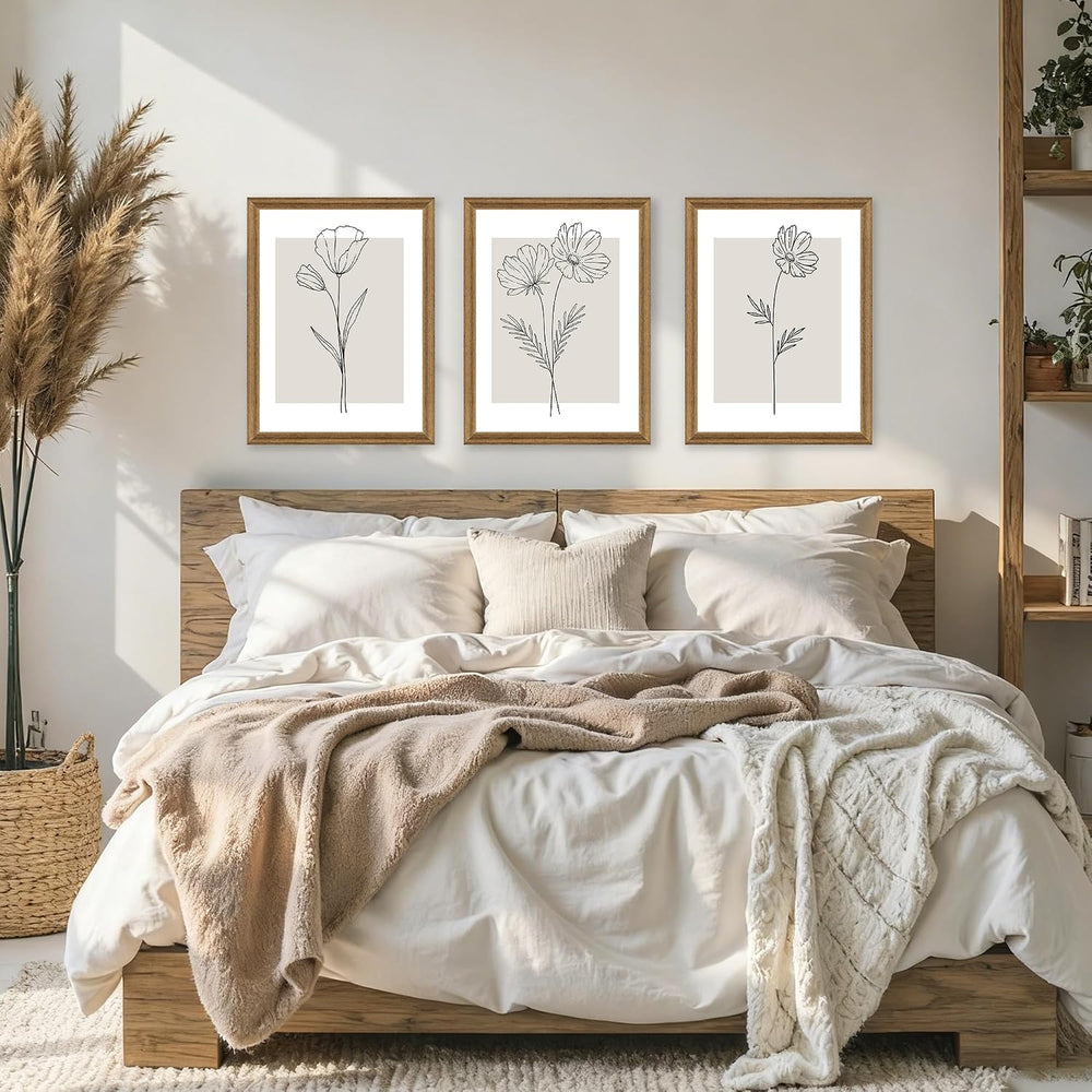 ICHZUMW Framed Black and White Neutral Floral Canvas Wall Art, 3pc 16x24 In
