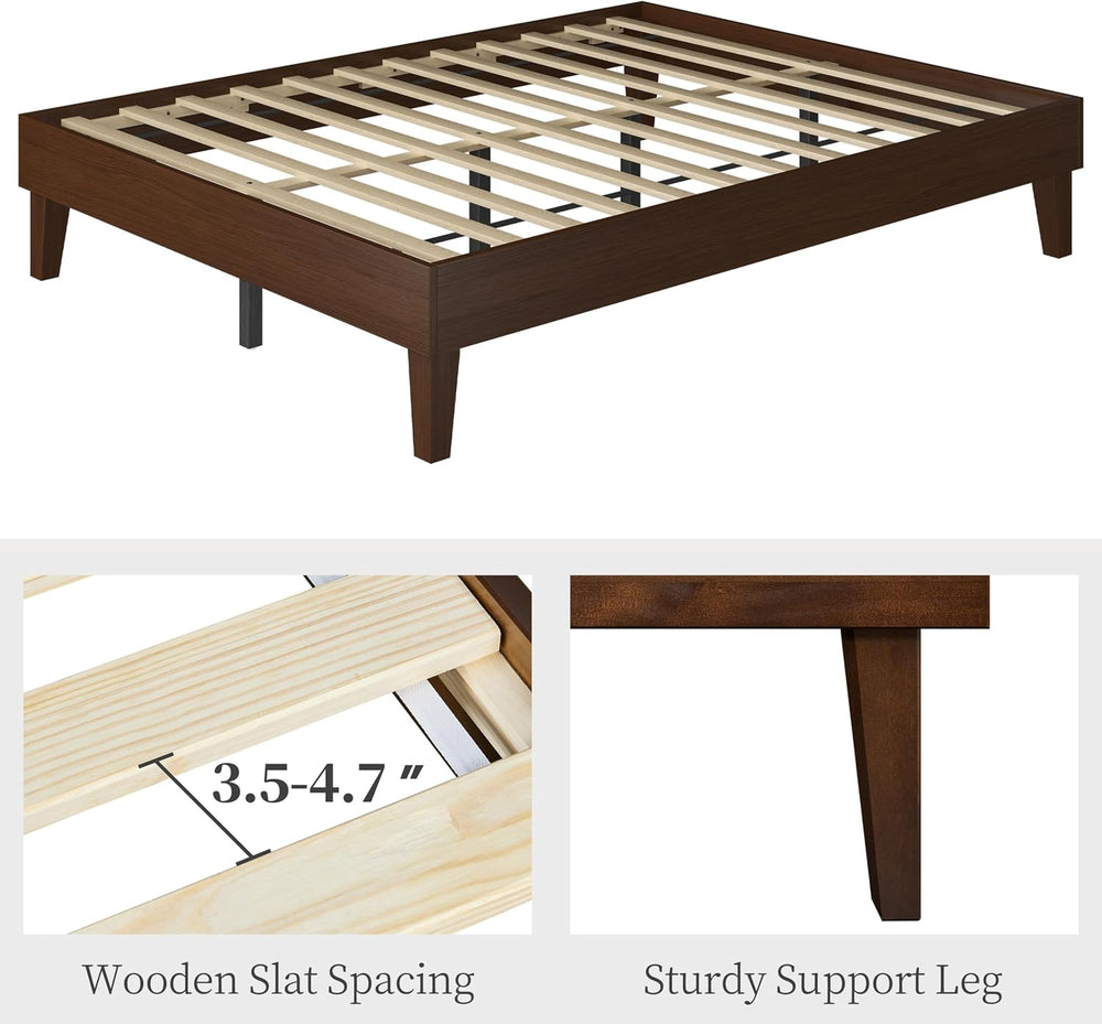 Yaheetech Queen Size Solid Wood Platform Bed Frame Low-Profile Dark Walnut