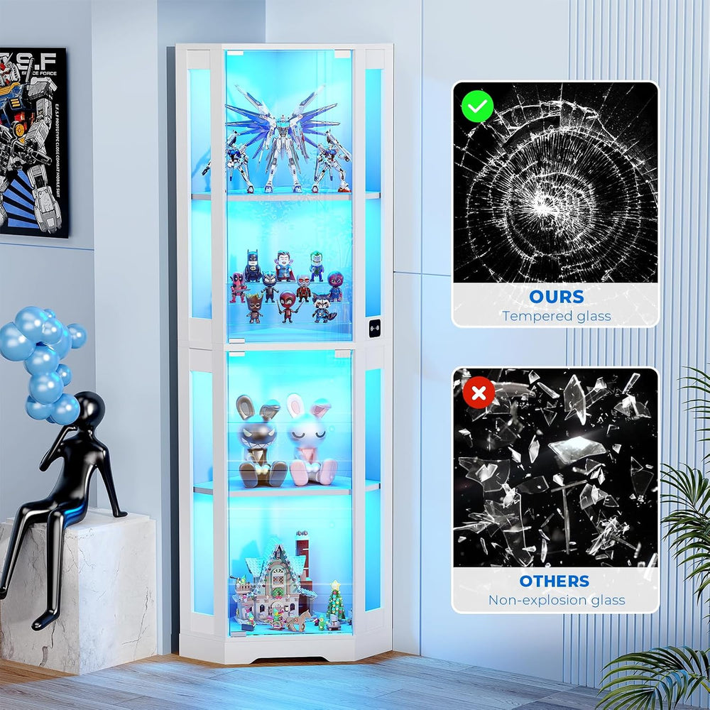 BROTTAR 65" Corner Glass Display Cabinet with LED Lights, 4-Tier Showcas...